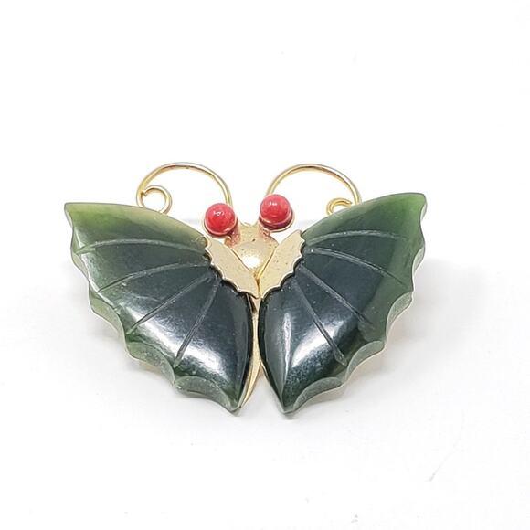 Gold-tone & Faux Jade Green Stone Red Eye Butterfly Brooch - Picture 1 of 8